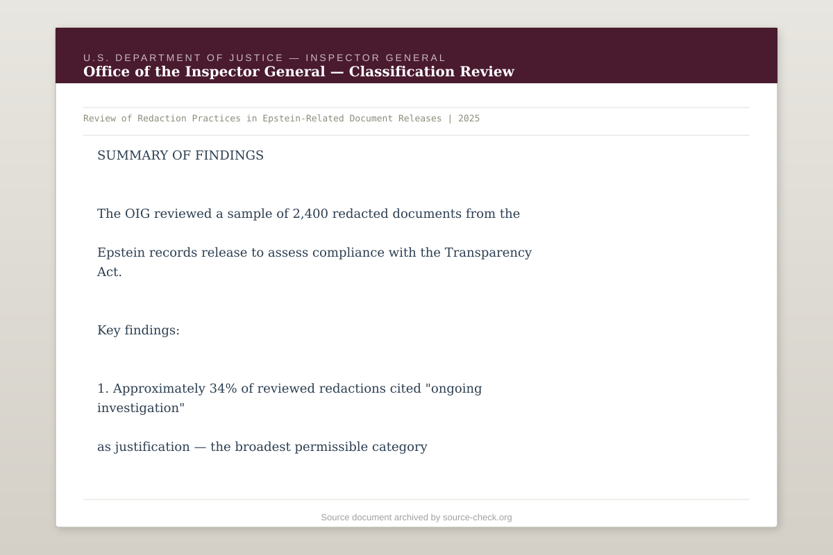 DOJ Inspector General — Review of Document Classification and Redactions